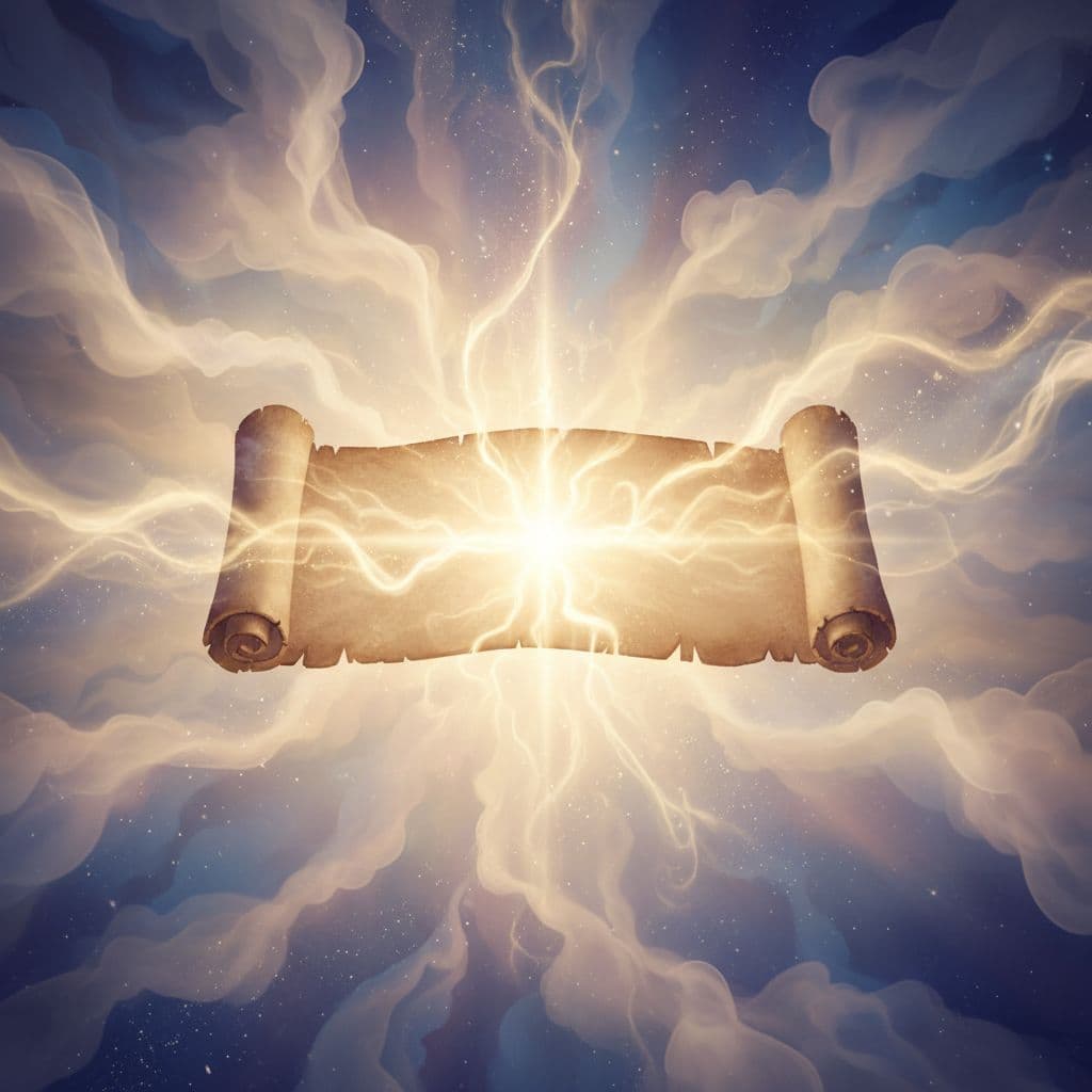 A radiant, translucent scroll floats within a hazy, golden void as brilliant light spills from its center. Intricate celestial patterns swirl across the parchment, suggesting an eternal and sacred presence.