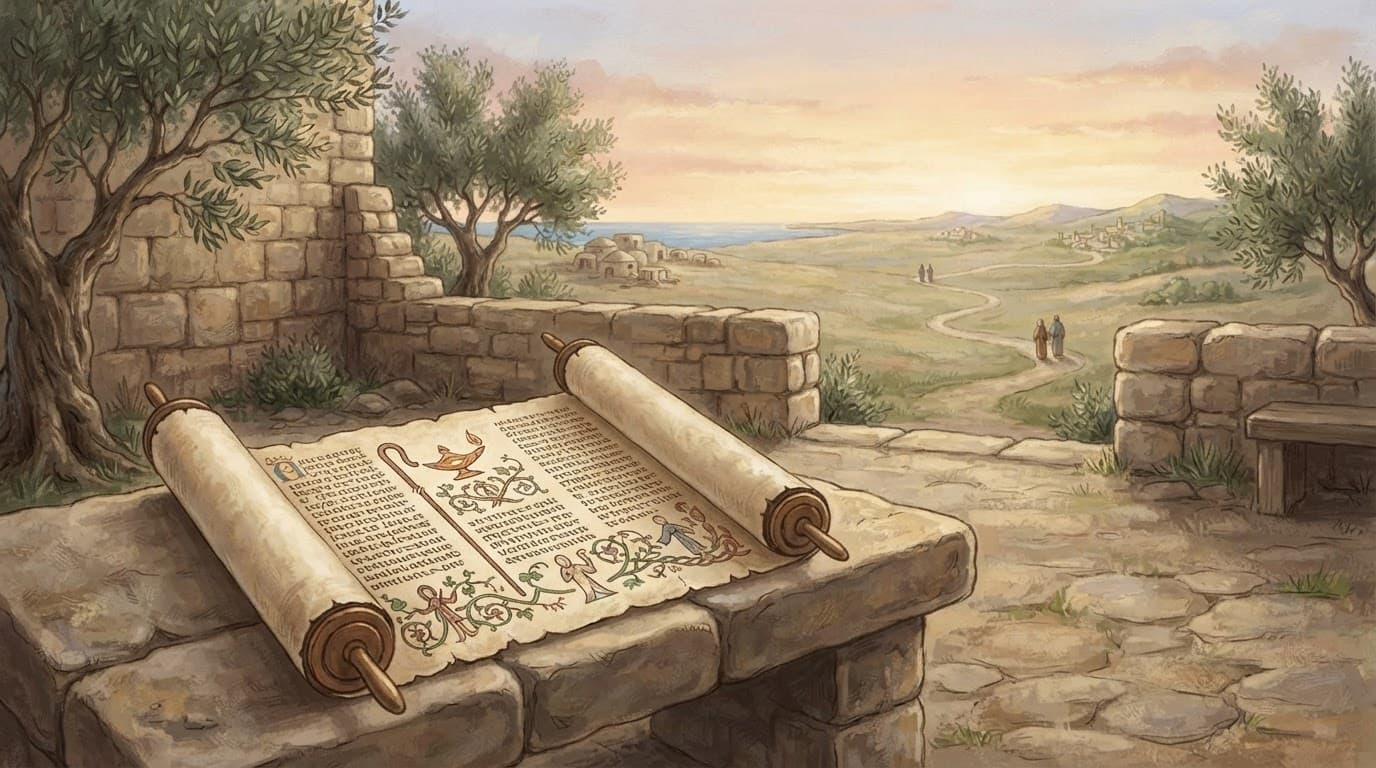 An open ancient scroll rests on a stone table overlooking a landscape at dawn.