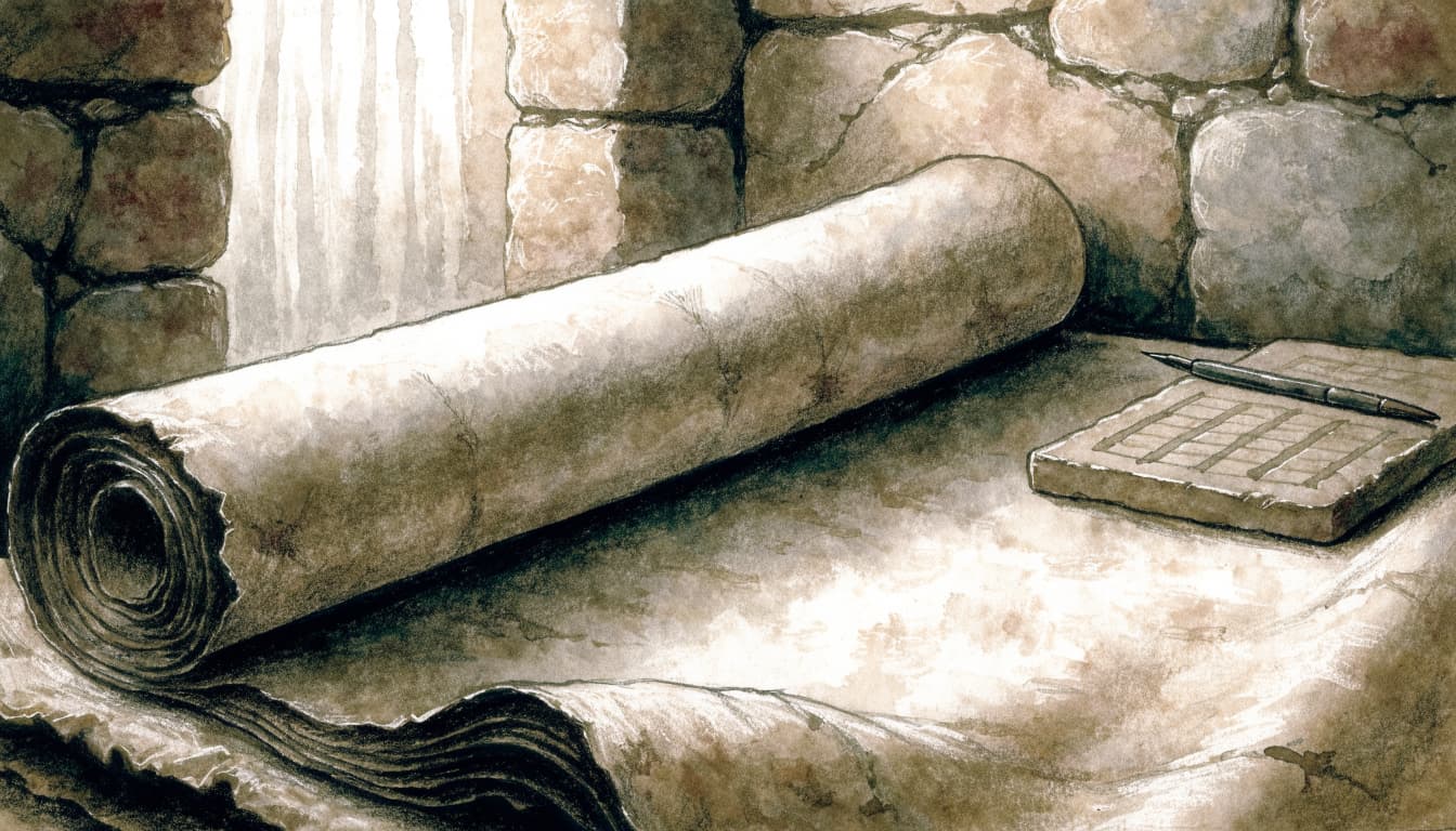 An ancient scroll and a small tablet with a pen sit before a stone wall.