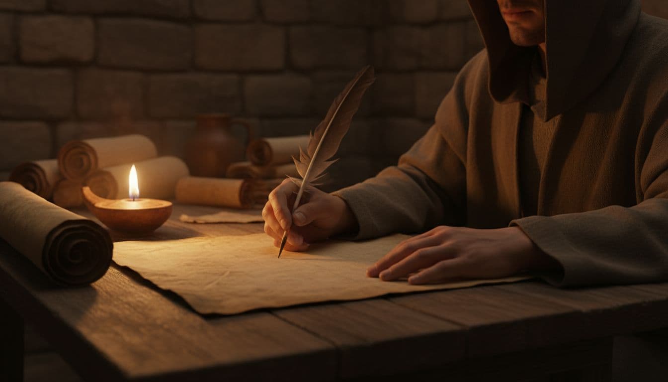 Hebrew scribe's hand holds quill over parchment scroll in dimly lit room with oil lamp.