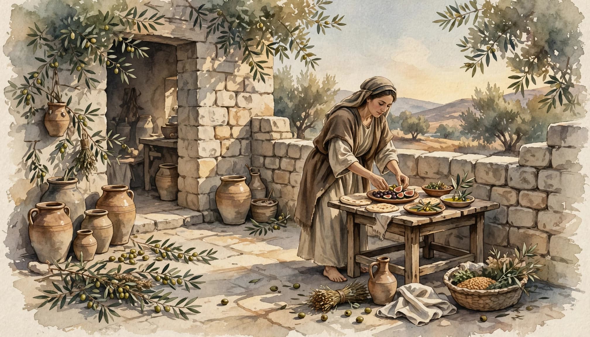 A watercolor illustration of a person preparing food on a table in a stone courtyard.