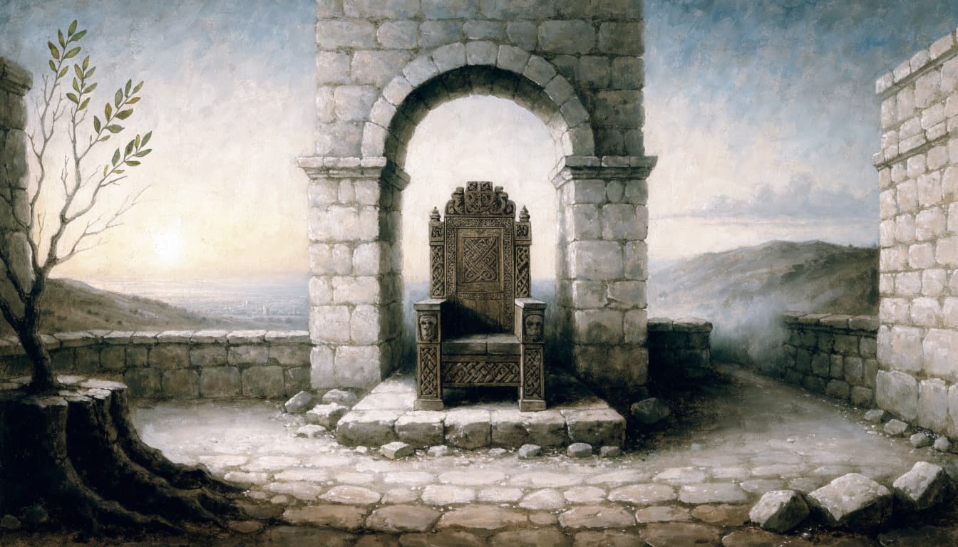 An empty carved wooden throne under a stone arch overlooking distant hills at dawn.