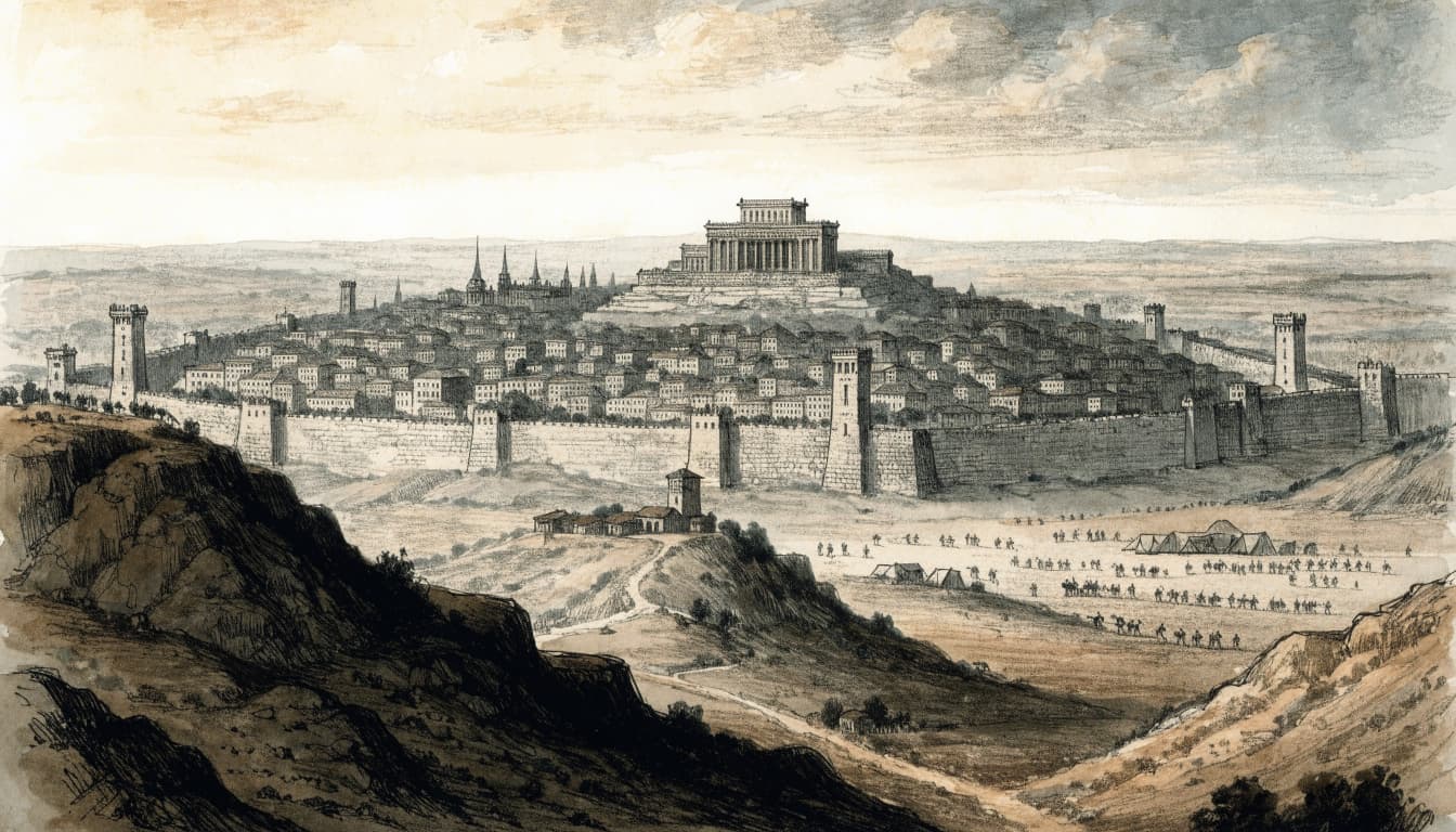 An illustrated panoramic view of ancient Jerusalem with a large temple and approaching troops.