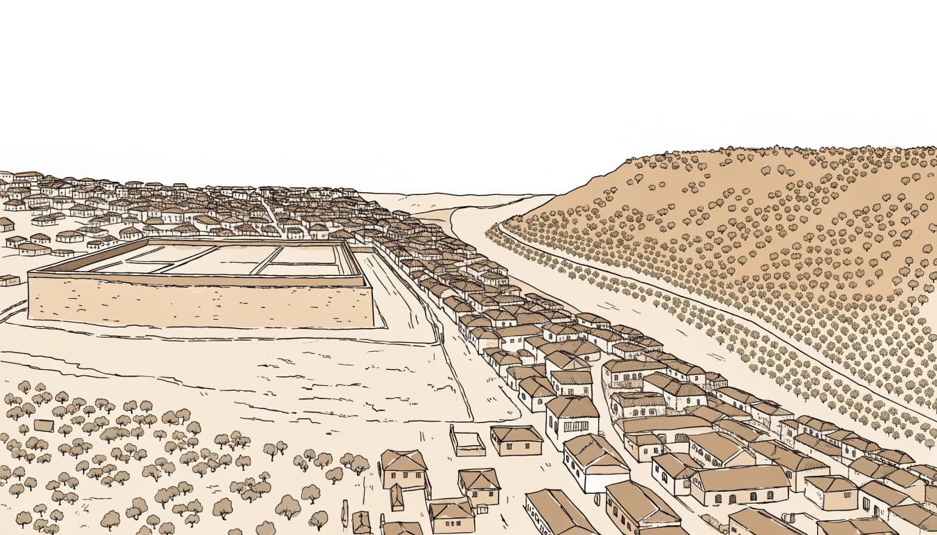 An aerial illustrated map of first-century Jerusalem showing the Temple Mount and Kidron Valley.