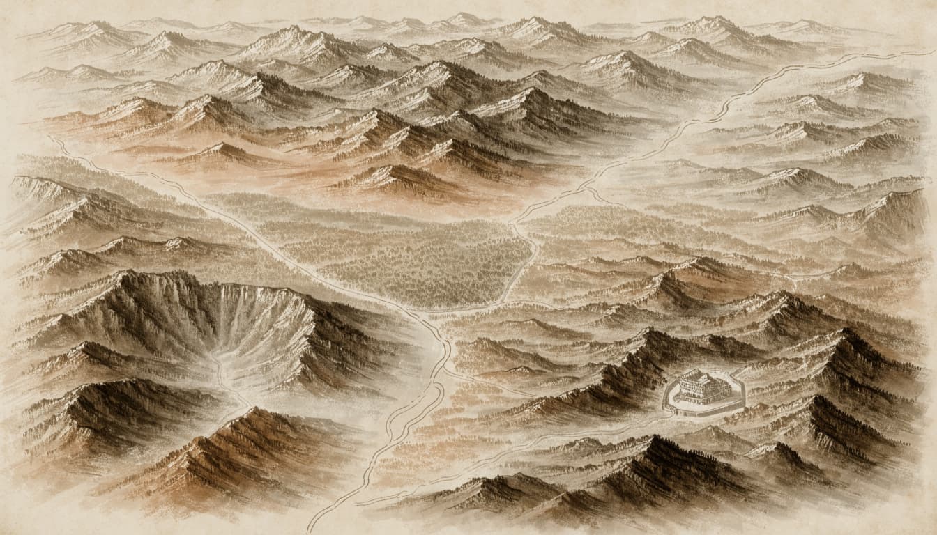 A hand-painted historical map illustration showing ancient mountainous terrain with a walled city.