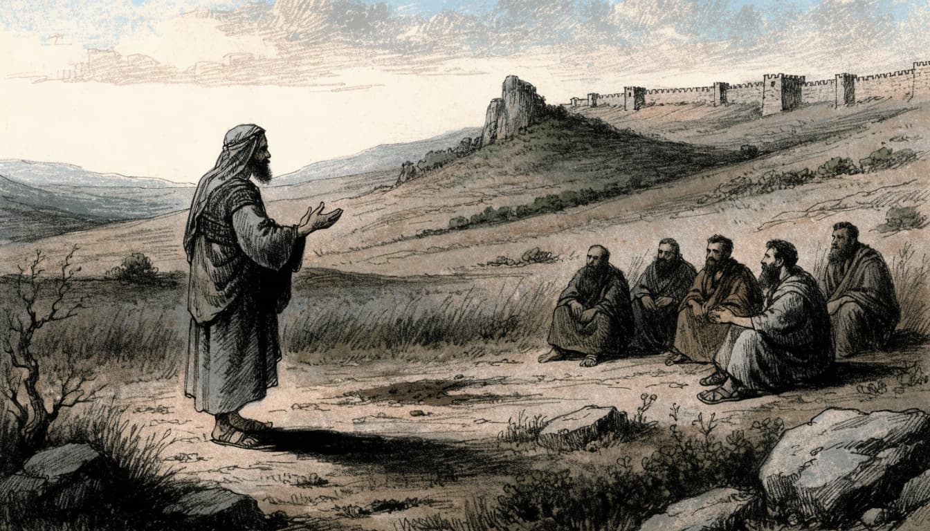 An ancient prophet speaks to five seated listeners in a landscape with a distant walled city.