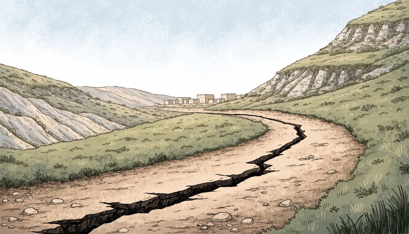 An illustrated biblical-era landscape featuring a cracked dirt road winding between hills with distant buildings.
