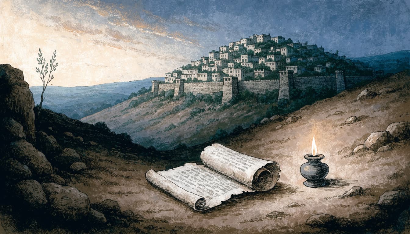 An open scroll and a lit oil lamp on a hillside with a walled city in the background.