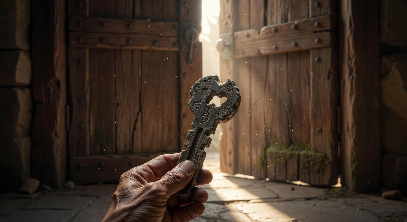 A weathered stone key is held firmly in a person's hand, positioned in front of a heavy wooden door that stands slightly ajar. Golden morning sunlight streams through the narrow opening.