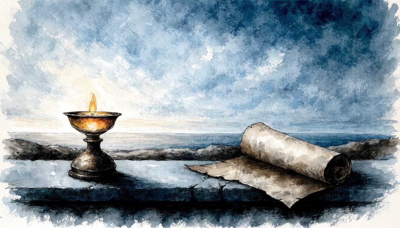 A watercolor illustration of a glowing oil lamp and a scroll on a stone sill before dawn.