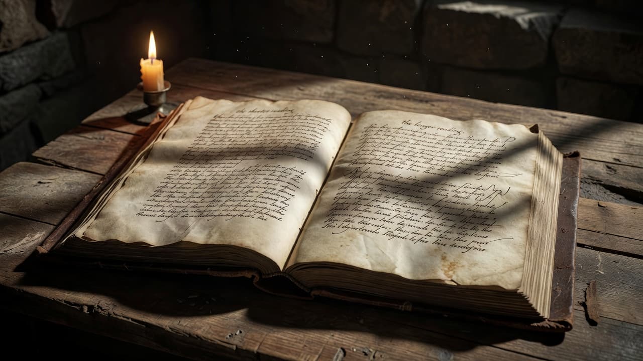 An open leather-bound manuscript rests on a rough, weathered wooden table inside a dimly lit room. Flickering candlelight creates deep, dramatic shadows that accentuate the textured ink on the aging parchment pages.