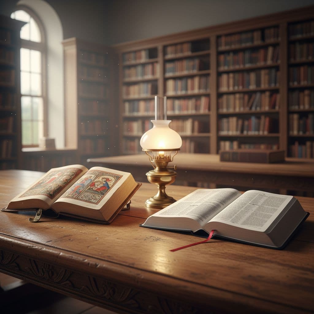 An weathered wooden library table sits illuminated by soft window light, displaying a hand-written ancient manuscript beside an open contemporary Bible. A vintage brass lamp stands nearby on the dark surface.