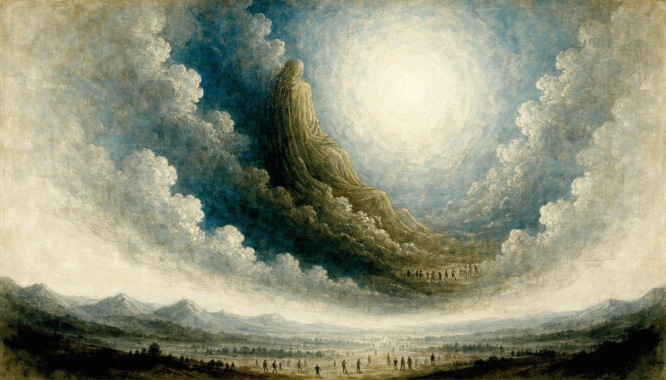 A classical painting of a robed figure seated in clouds before a glowing light, with tiny figures below.