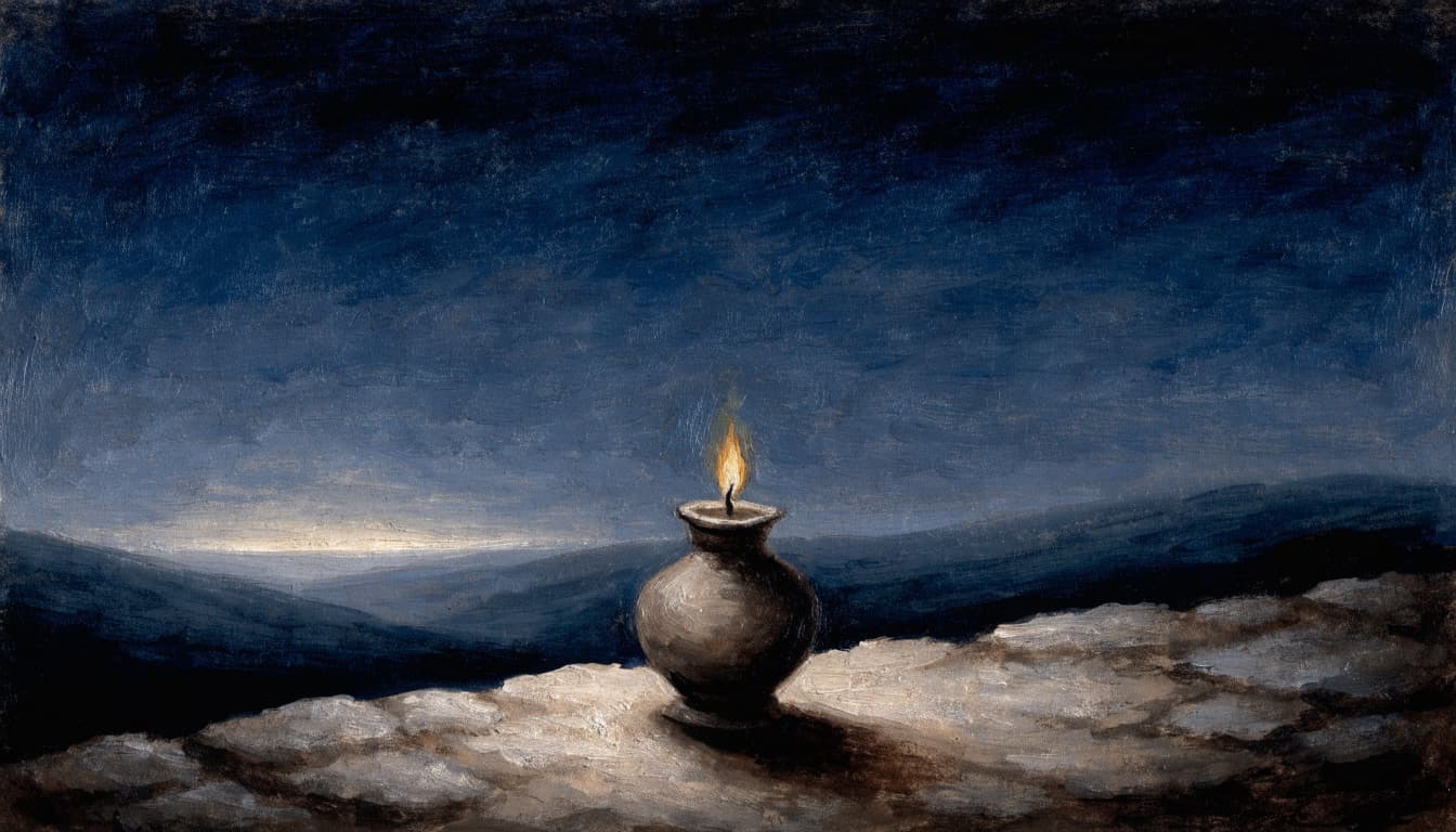 An oil lamp burns on a stone ledge beneath a dark night sky.
