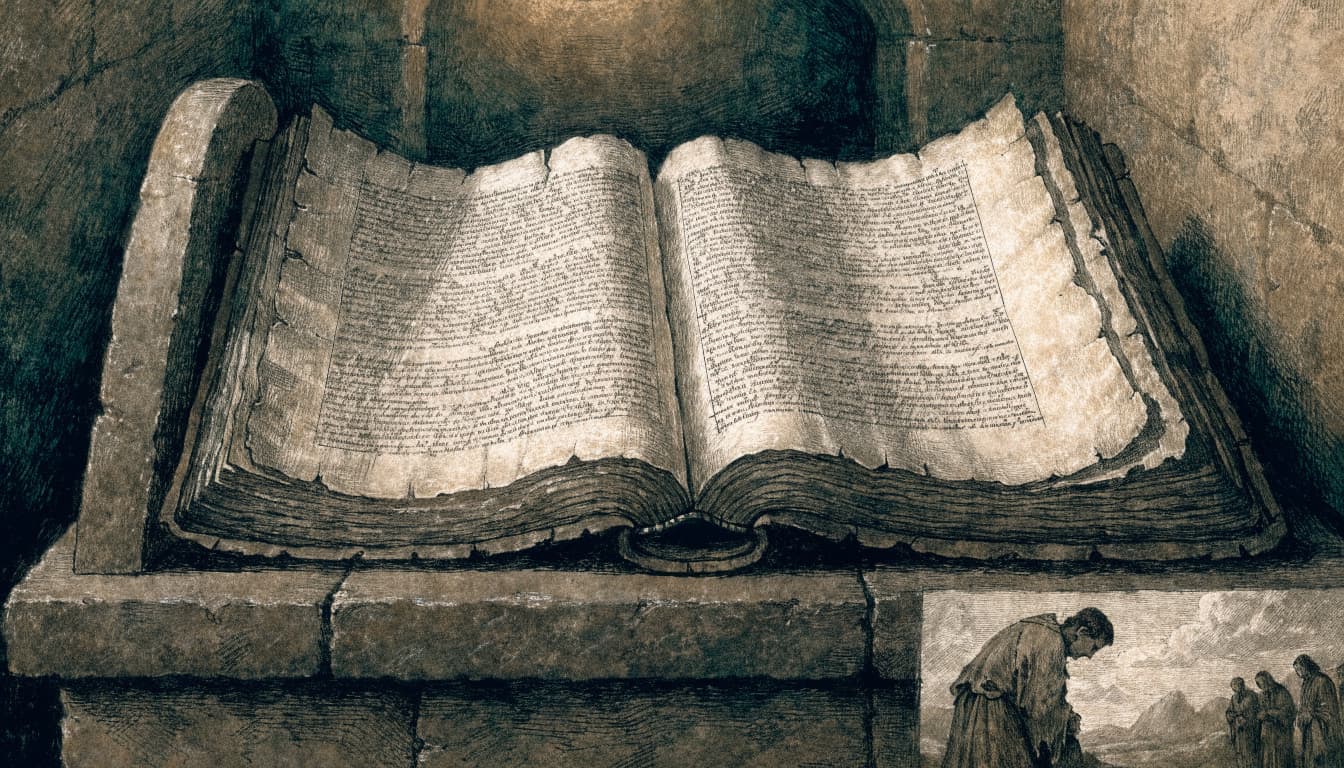 An ancient parchment manuscript opened on a stone lectern with a marginal illustration.