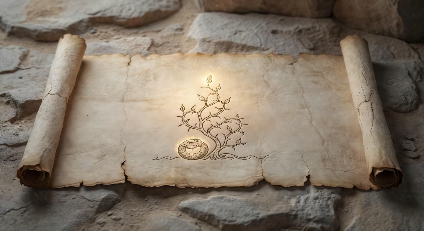 A weathered, yellowed scroll sits atop a jagged grey stone slab. A warm, ethereal light glows from the center of the parchment, casting soft shadows across the uneven rocky surface.