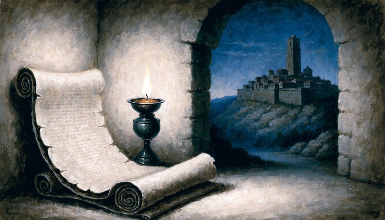 An open scroll and an oil lamp sit on a stone table before an arched view of a city at night.