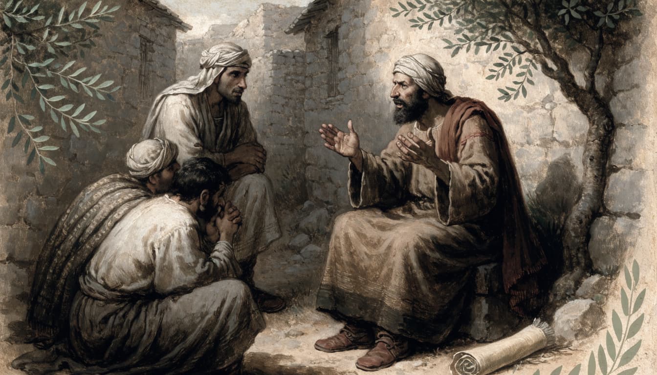 An ancient Hebrew prophet teaches a small group of attentive listeners in a stone courtyard.