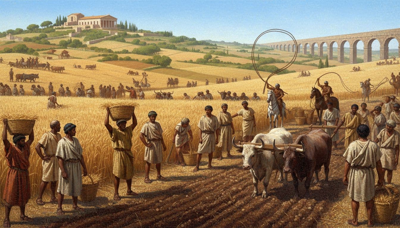 AI generated illustration of a large Roman estate farm with many slaves working fields while overseers watch from horseback