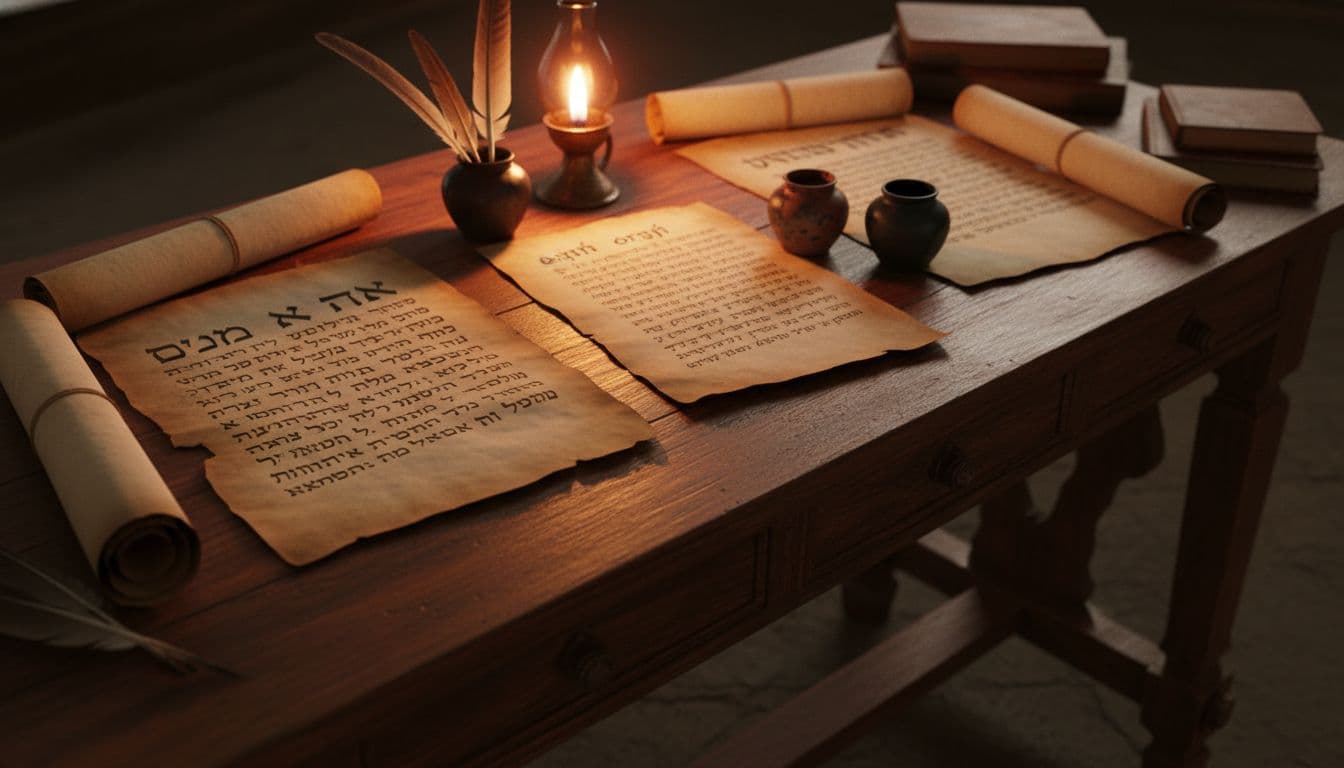 Ancient scribe’s desk with Hebrew and Greek scrolls, quills, and candlelight, evoking original-language Bible study