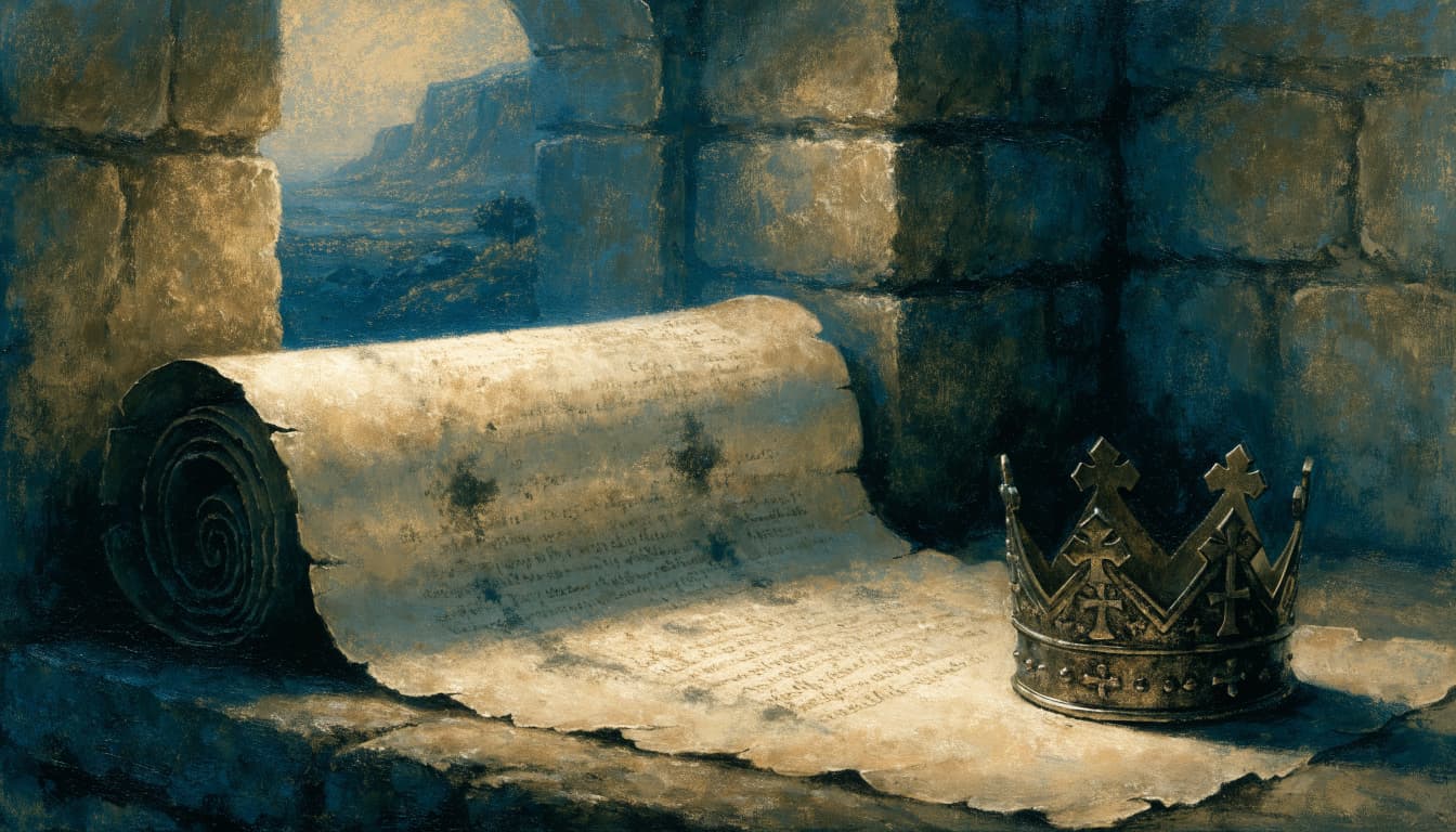 An open ancient scroll with faint ink marks rests next to a bronze crown in a stone alcove.