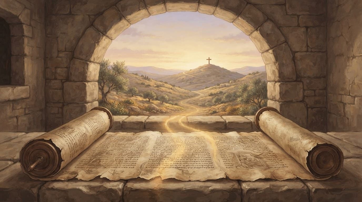 An open ancient scroll rests on a stone windowsill looking out toward a distant hill with a cross.