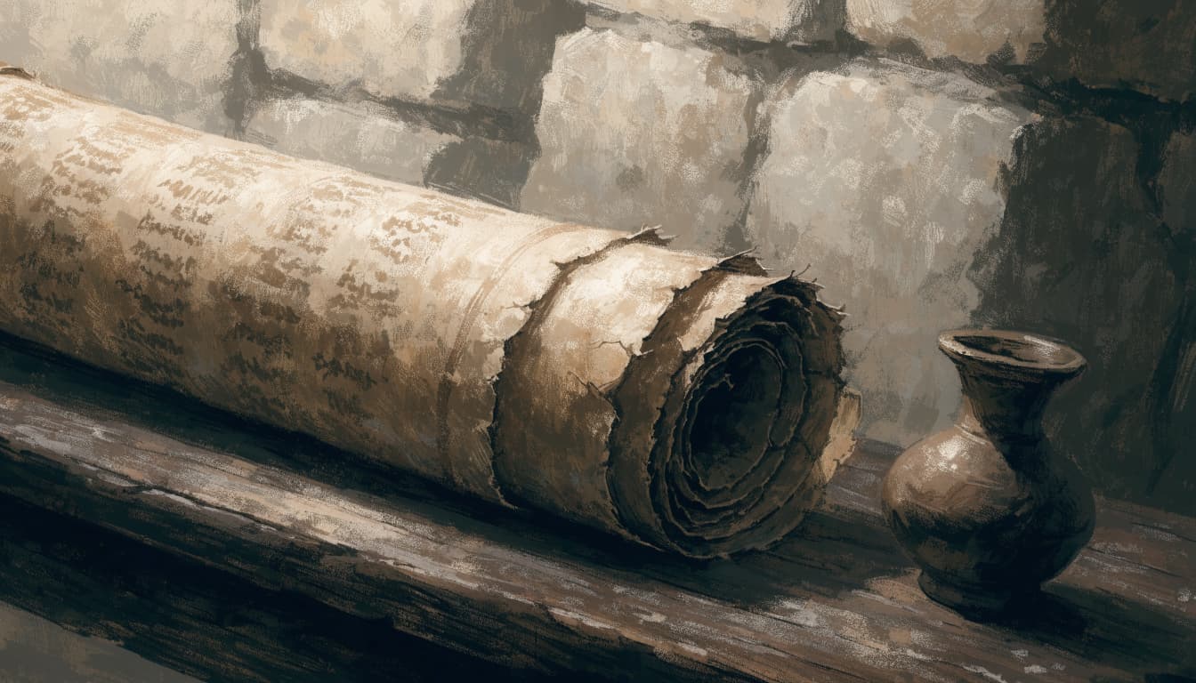 An ancient rolled scroll and a small clay vessel rest on a wooden table against a stone wall.