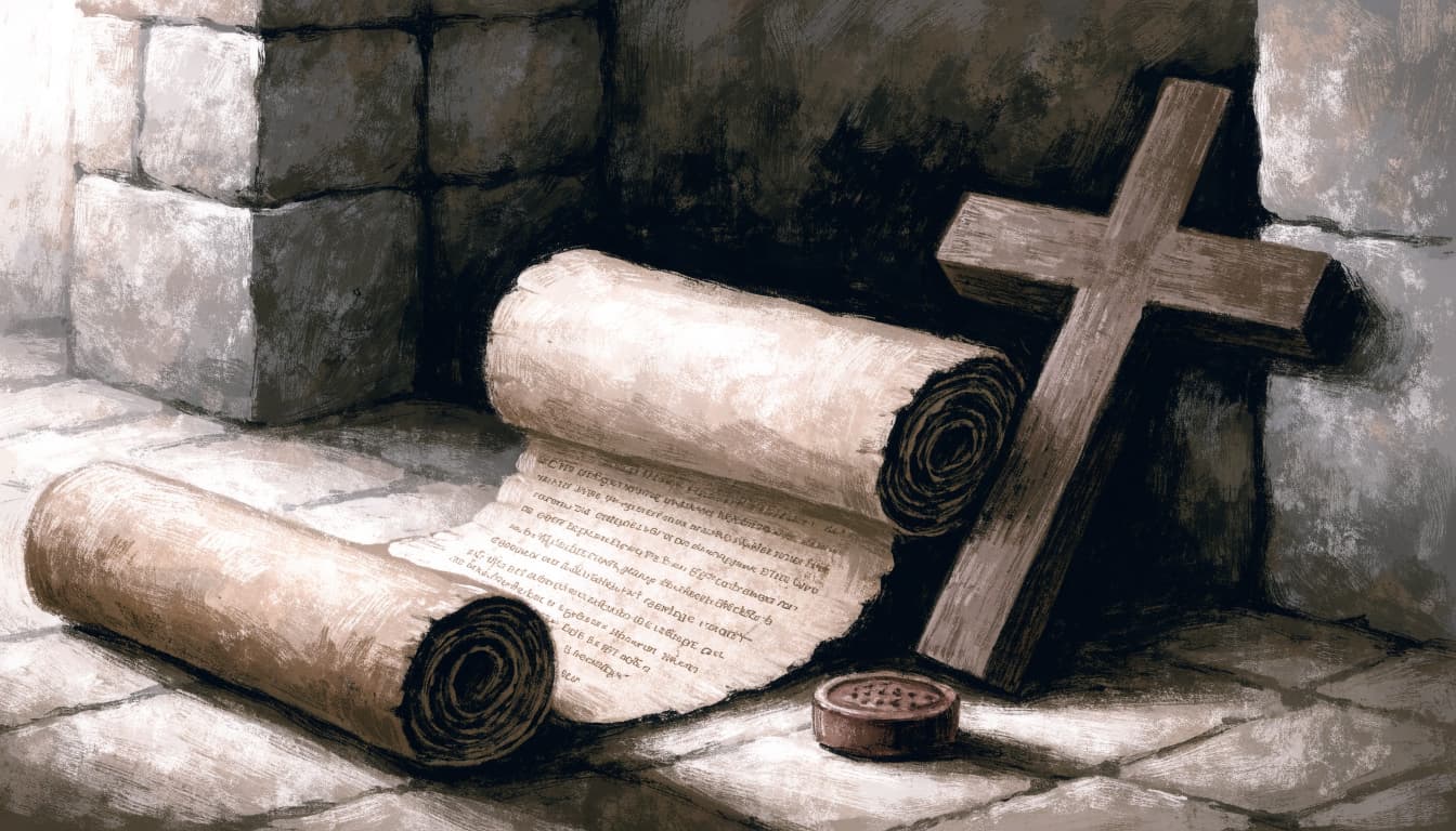 An illustration of an open ancient scroll, a wooden cross, and a small clay seal on a stone floor.