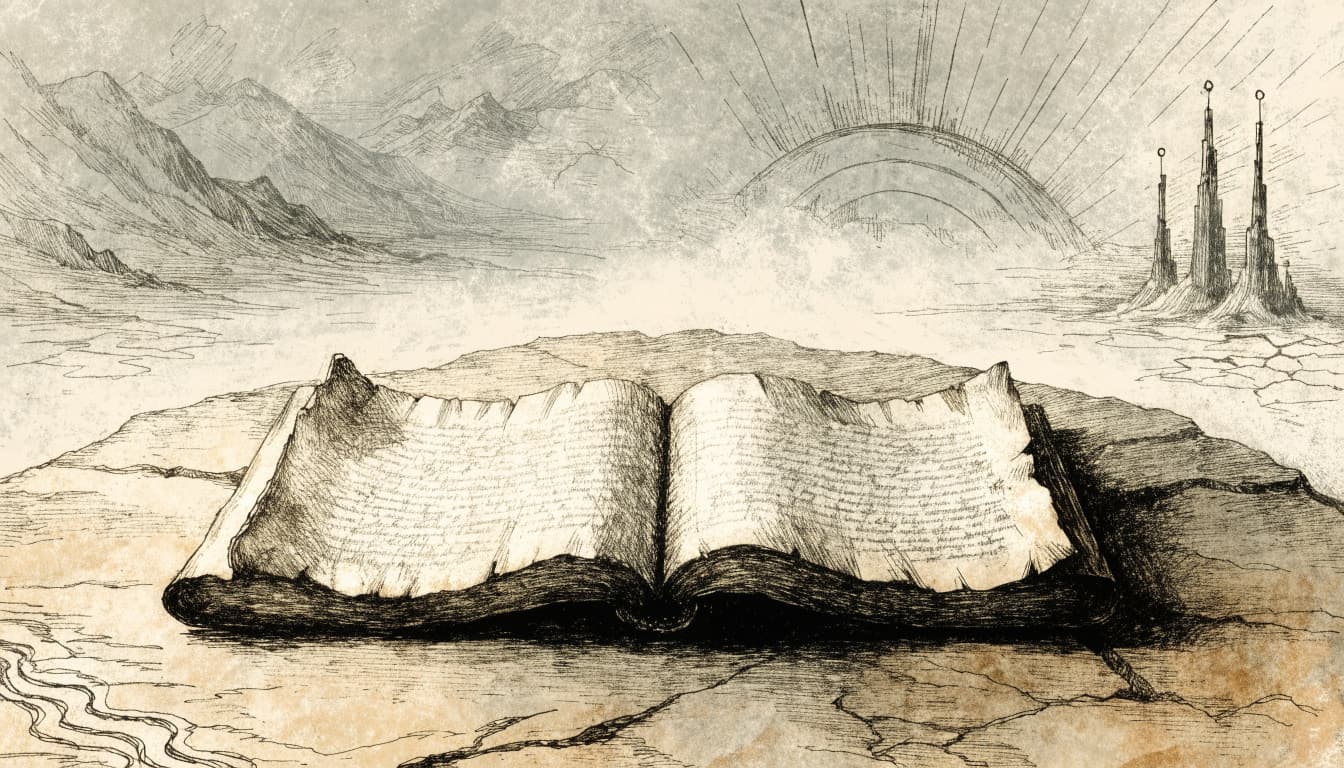 An etched illustration of an open ancient book on a stone surface against a landscape background.