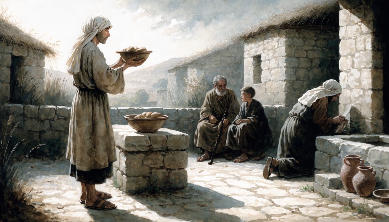A biblical illustration of a servant holding a bowl of food in a courtyard with three people.