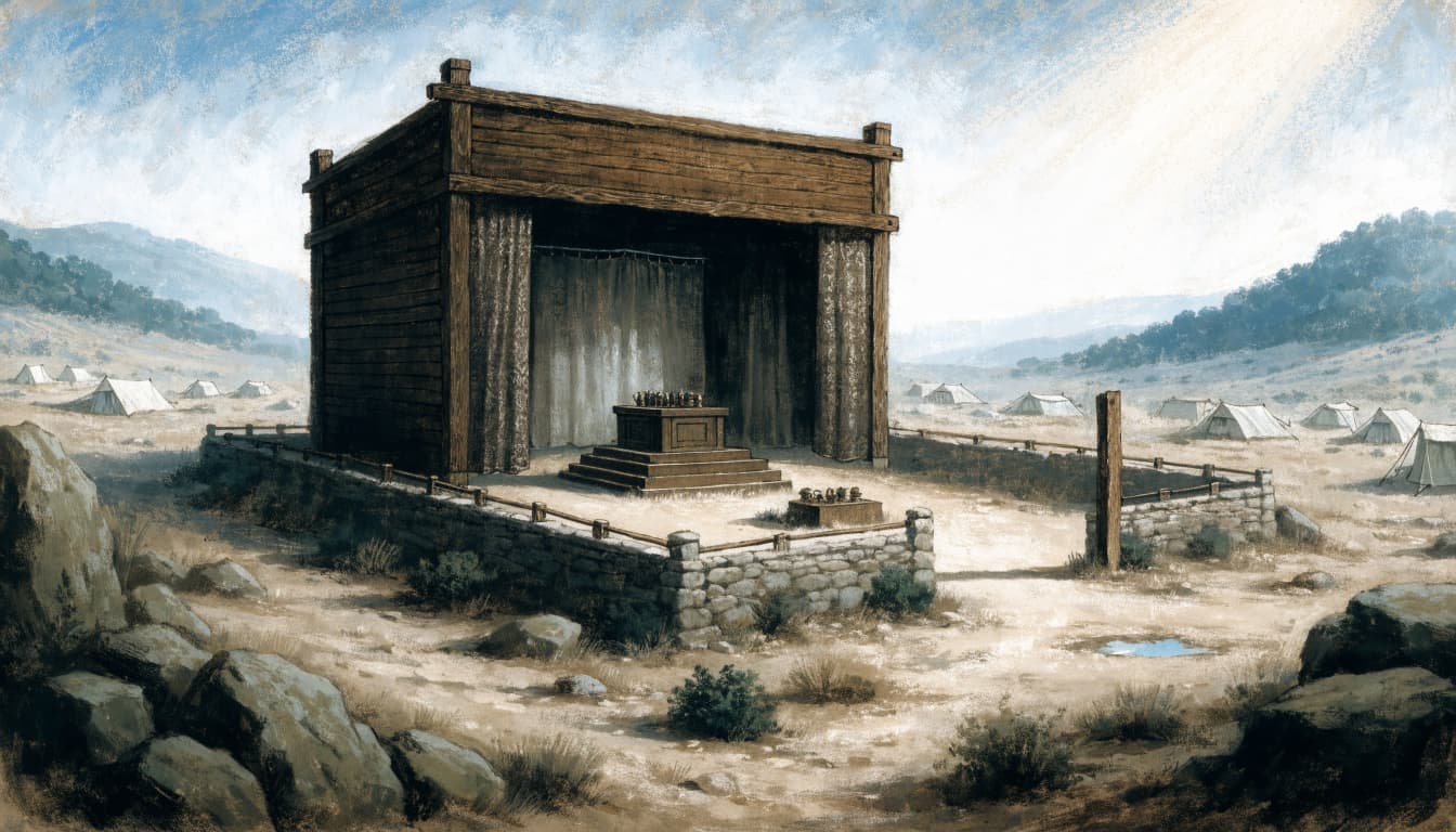 An illustrated depiction of an ancient wilderness tabernacle with a courtyard and distant tents under morning light.
