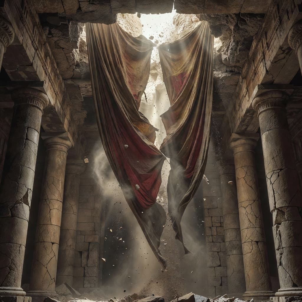 A heavy decorative fabric hangs from the lofty ceiling of a stone temple, splitting vertically as dust and debris scatter through the air. Jagged cracks fracture the massive surrounding pillars.