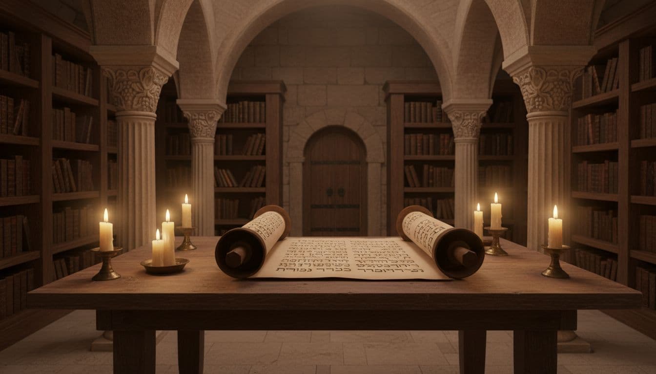 An open Torah scroll on a wooden table lit by candlelight, evoking careful study of the Law. I
