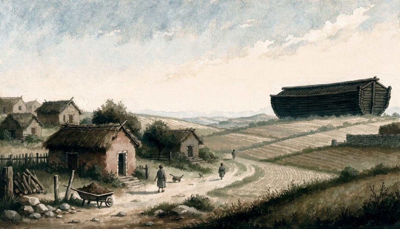 A hand-painted illustration of an ancient village with small houses and a large wooden ark in the background.
