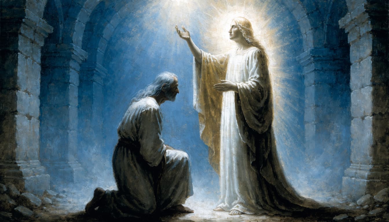 An elderly man kneels in awe before a radiant angel in a stone chamber.