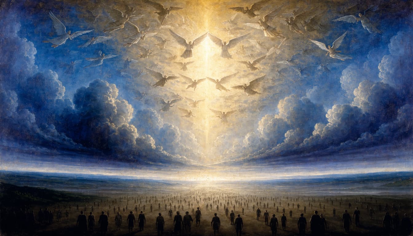 A classical painting of winged angels descending from a luminous golden sky toward a vast crowd of people.