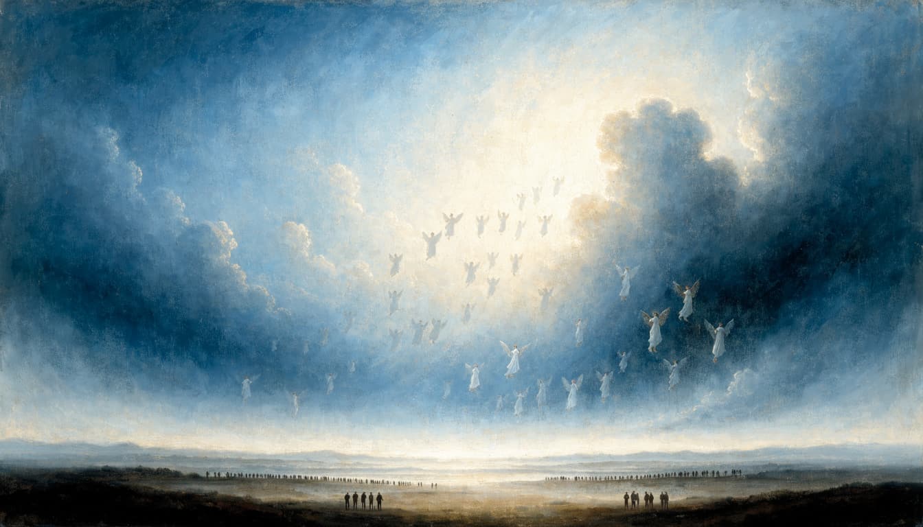 A painterly landscape shows luminous figures descending from a bright opening in a dark blue sky toward distant tiny silhouettes on a horizon.
