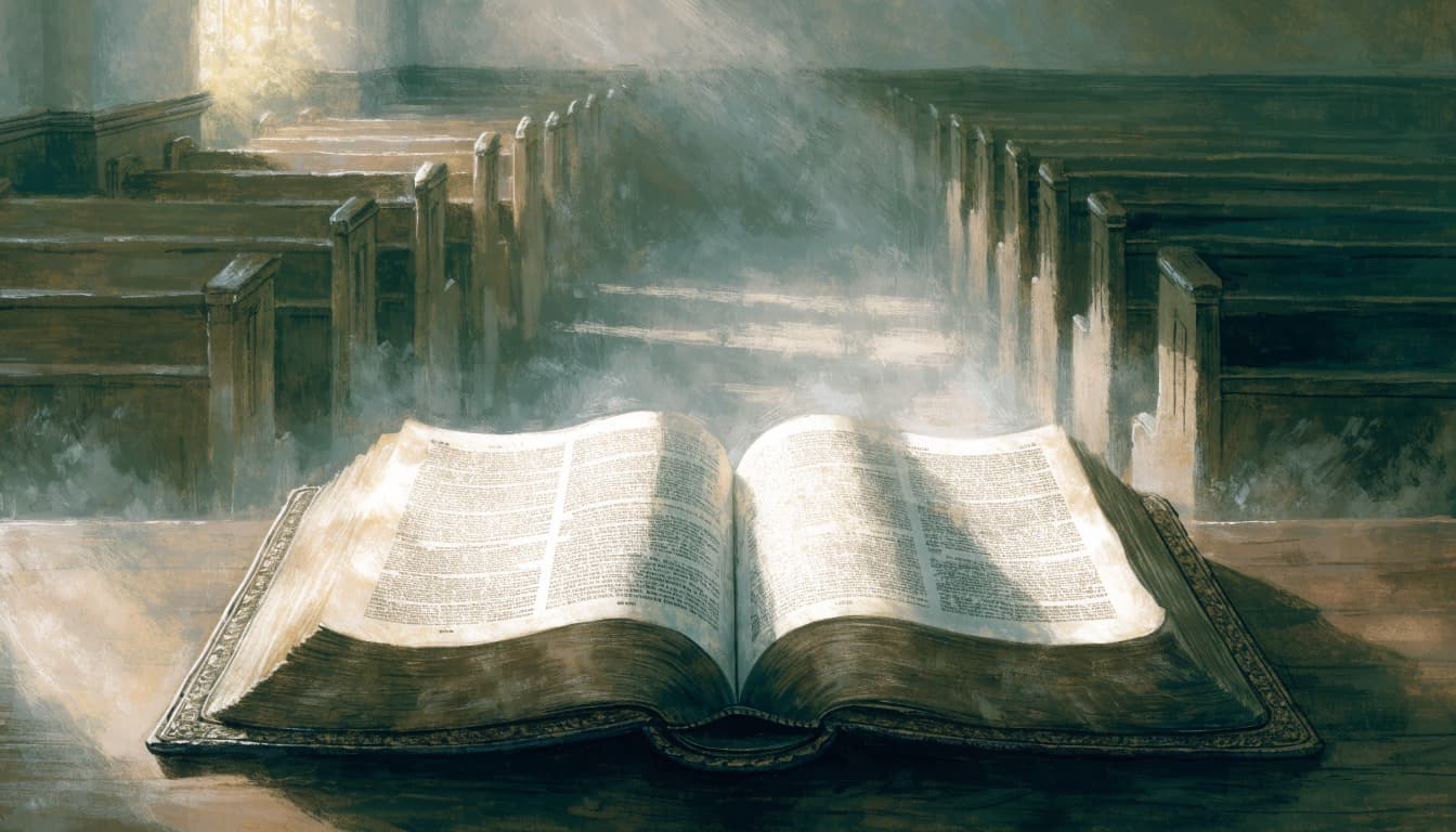 An open antique Bible rests in the foreground of a softly lit, empty church sanctuary.