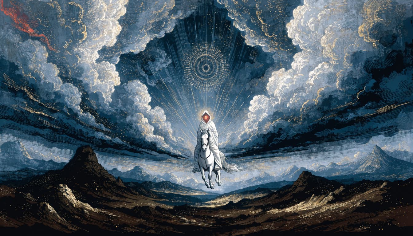 A robed figure on a white horse rides through a dramatic stormy sky with golden light.
