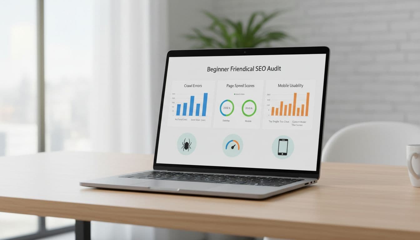 A beginner-friendly dashboard screen showing a technical SEO audit report with charts for crawl errors, page speed scores, and mobile usability on a laptop in a clean modern office desk with natural daylight.