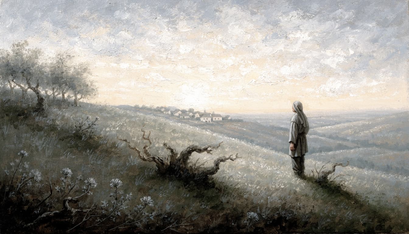 A person in historical robes stands on a grassy hillside at dawn, looking toward a distant village.