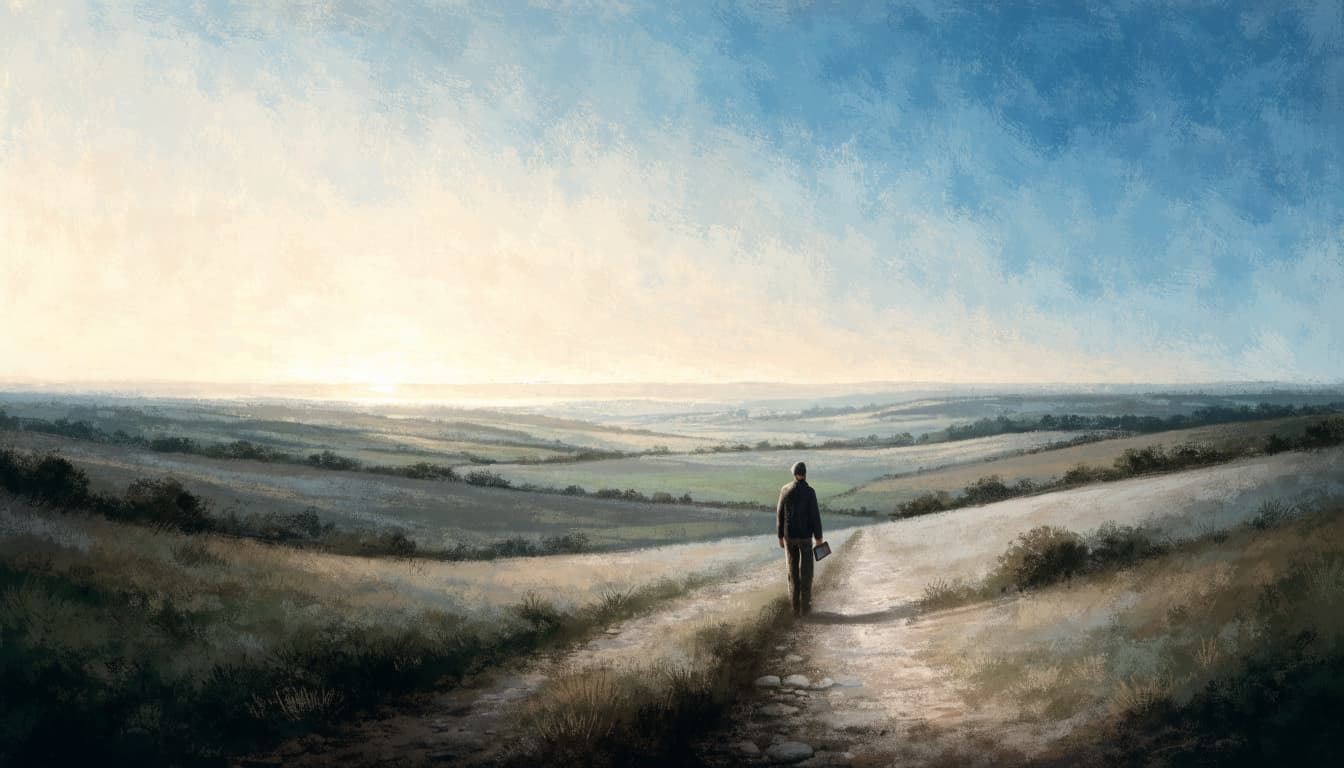 A person standing on a quiet path in a wide, rolling landscape at dawn.