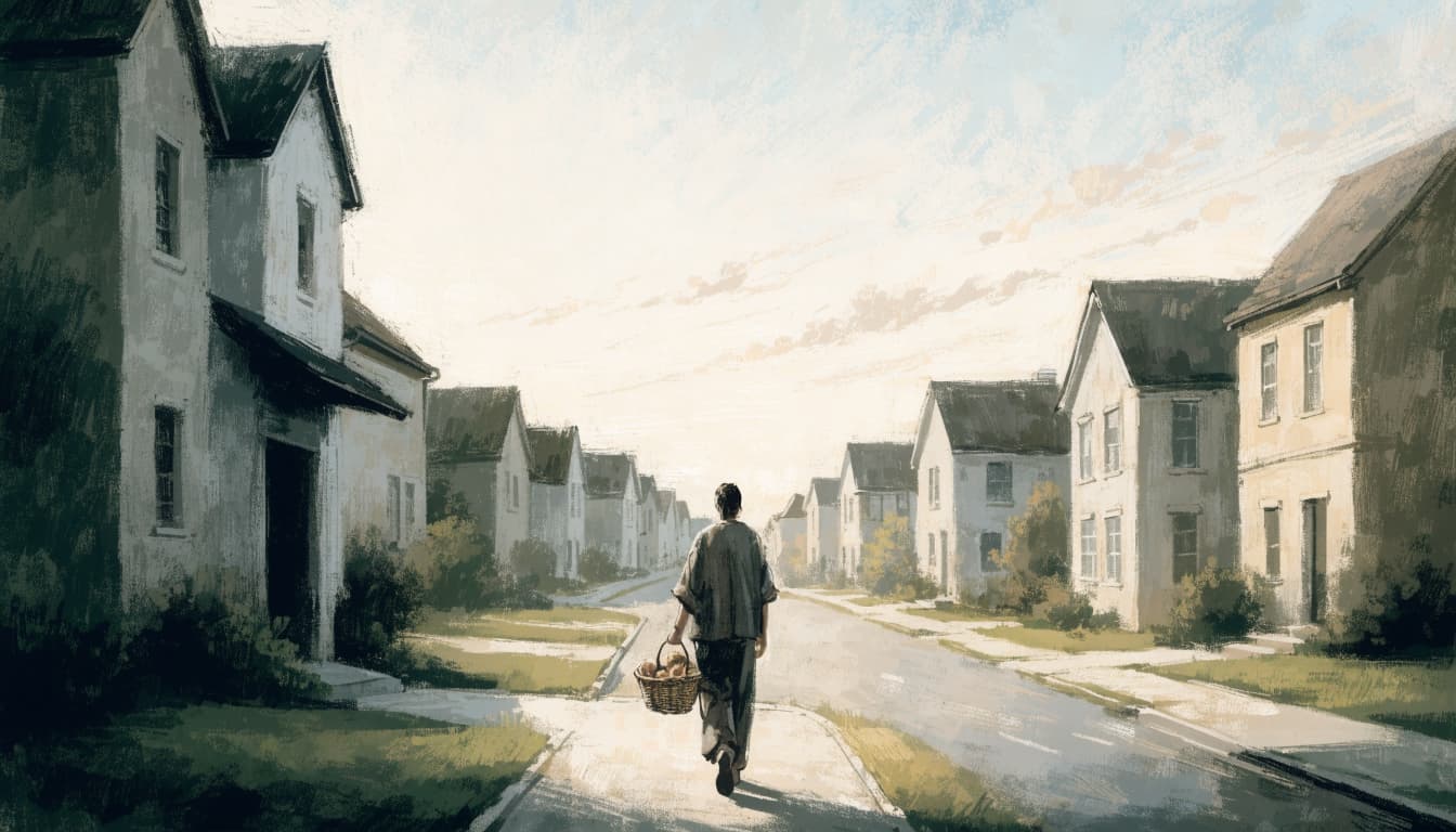 A person carrying a basket walks down a neighborhood street at dawn in a painterly style.