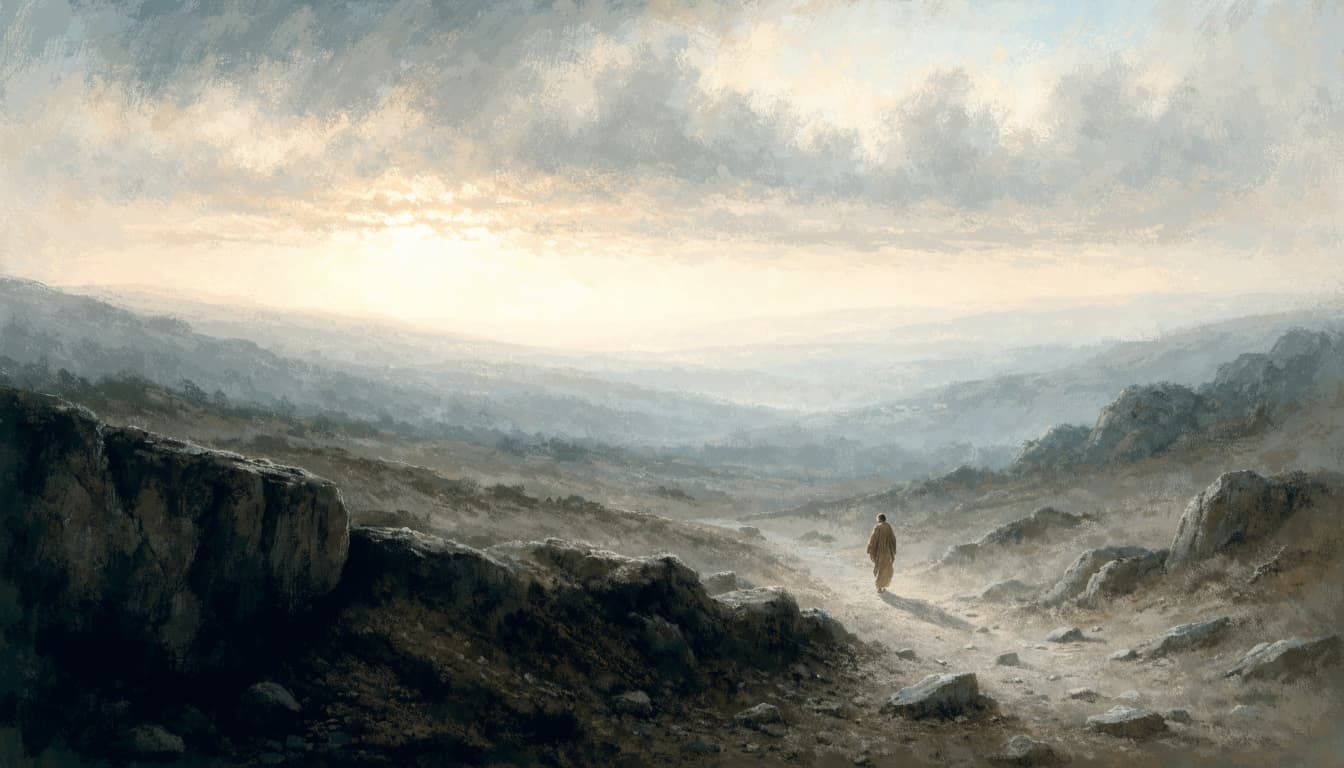 A small figure in a robe walks on a narrow rocky path through a wide, hilly landscape at dawn.