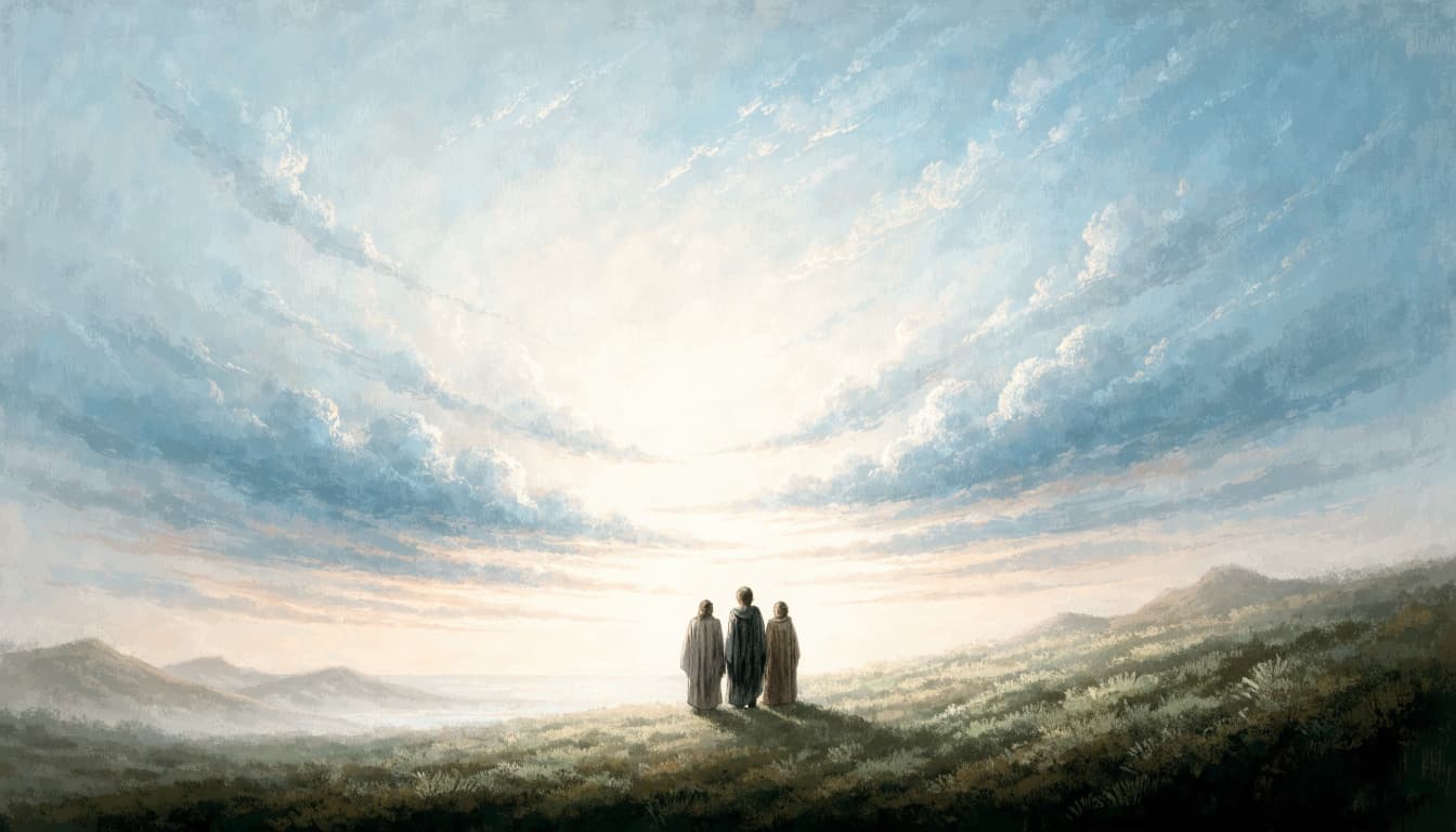 Three figures stand on a hillside, looking up at a bright, cloudy sky at dawn.
