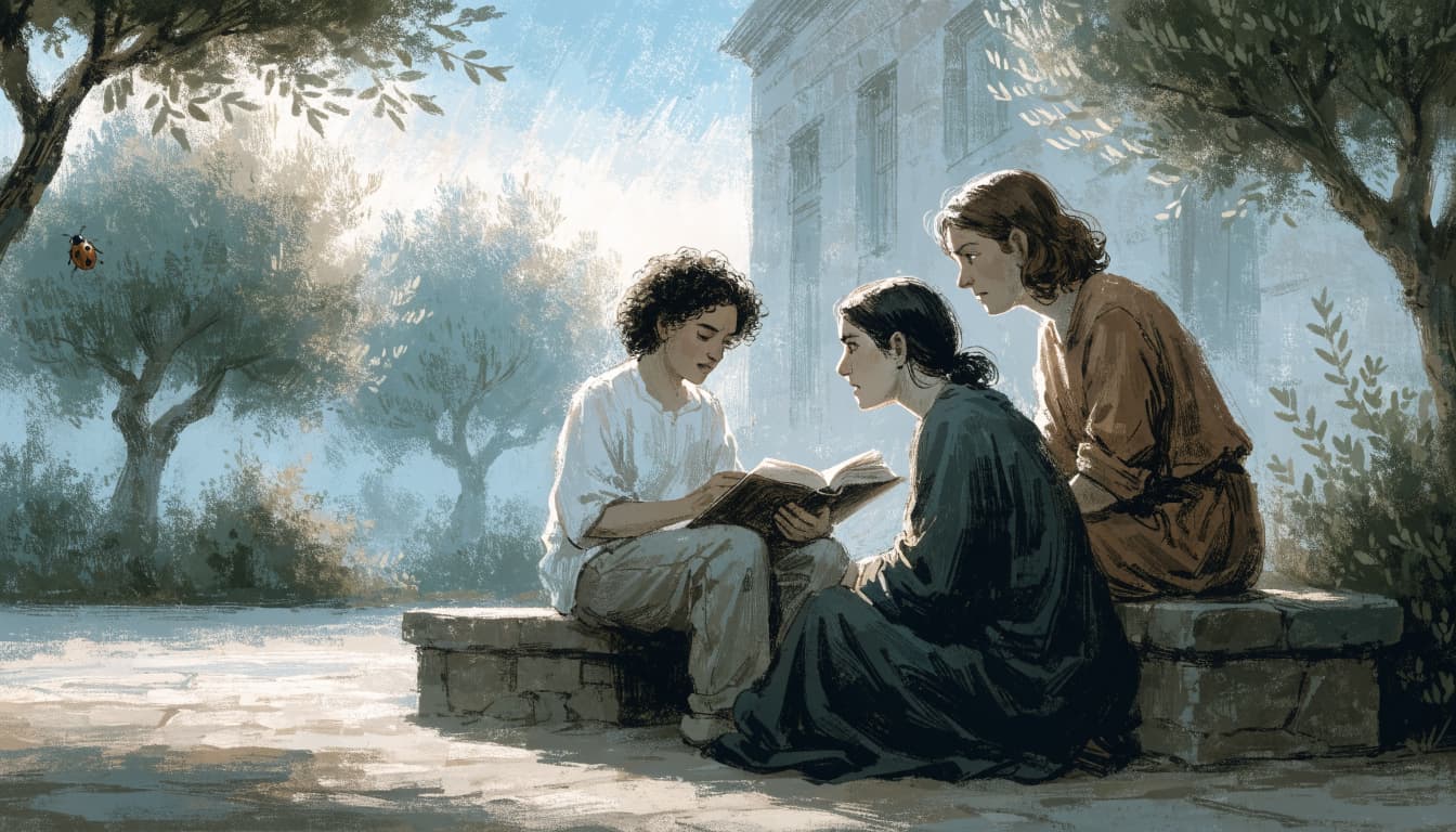 Three people sitting together in a sunny courtyard reading an open book.