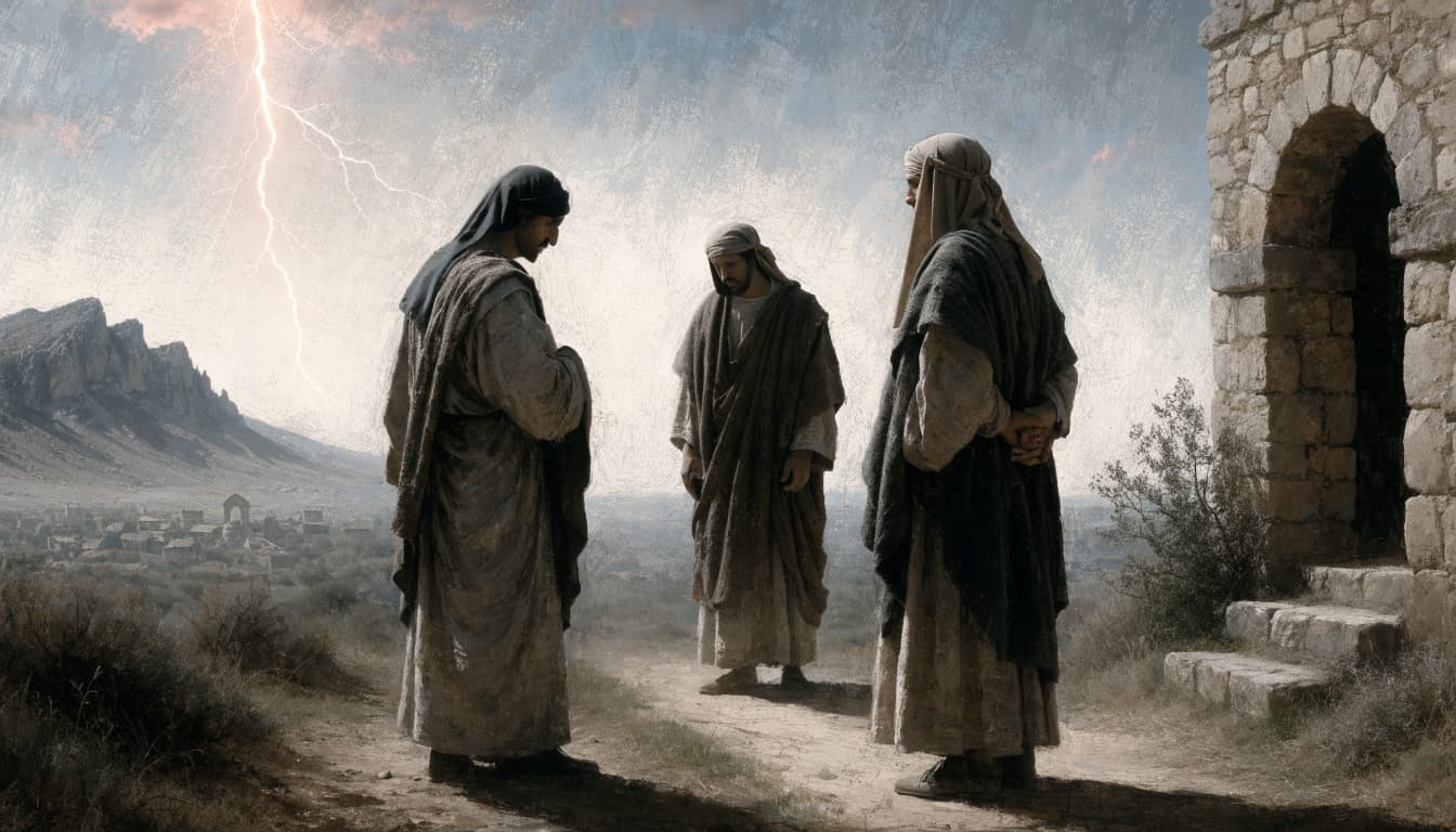 Three people in historical robes stand outdoors near a stone doorway with lightning in the sky.