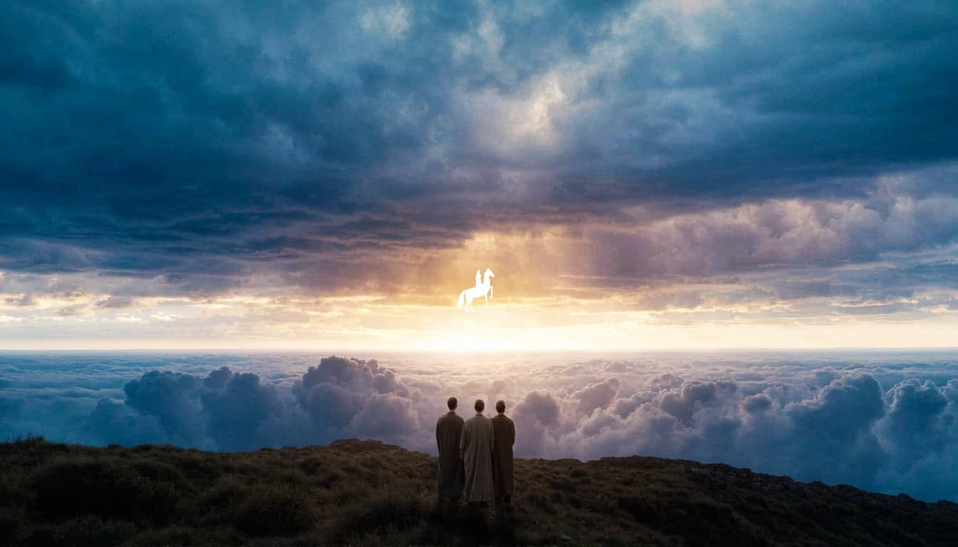 Three people stand on a grassy hilltop, looking toward a bright figure on a horse in the clouds.