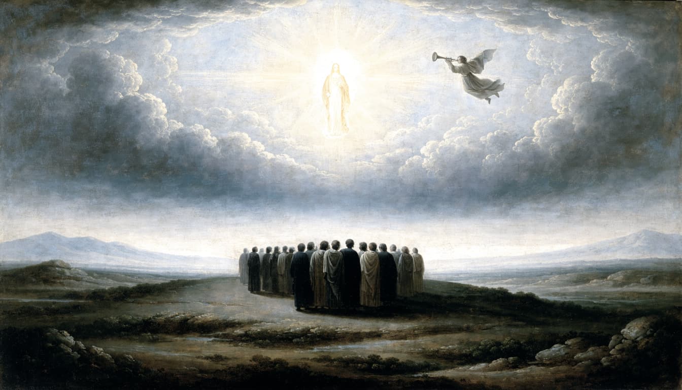A classical painting of a group looking at a glowing figure and an angel blowing a trumpet in the clouds.