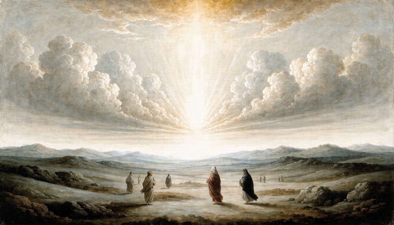 Figures stand in a wide, muted landscape beneath a sky filled with dramatic clouds and glowing light.